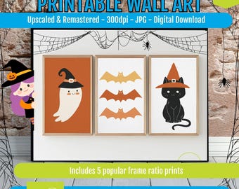 Cute Ghost and Black Cat Halloween Wall Art Printable, Pastel Celestial Decor, Cozy Cottage Nursery Poster, Whimsical Moonlit Night Download
