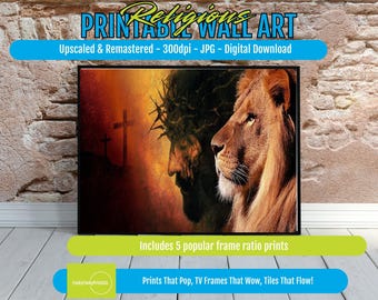 Lion Illustration Printable Art - Striking Digital Decor with Fiery Crowned Figure, Symbolic Sacrifice, Spiritual and Abstract Realism