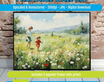 Printable Wall Art - Joyful Journey Through a Colorful Meadow - Children Embracing Nature's Beauty in an Impressionistic Landscape