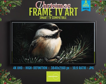 Samsung Frame TV Art Snowy Pine Branch with Bird, 4K UHD Digital Nature Scene, Winter Wildlife Screensaver Decor