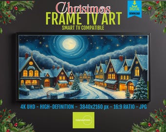 Samsung Frame TV Winter Village Art, Starry Night Sky & Cozy Homes, HD 16x9 Digital Download, Christmas Screensaver Decor