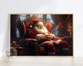 Printable Christmas Wall Art, Santa Wall Art, Digital Print, Digital Download, Santa sitting in his Chair, Holiday Oil Painting