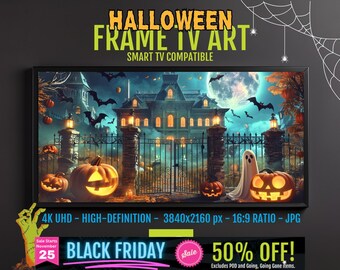 Haunted Halloween Mansion Samsung Frame TV Art - Spooky Digital Download | Ghosts, Bats, and Pumpkins | 4K HD Holiday Decor Screensaver