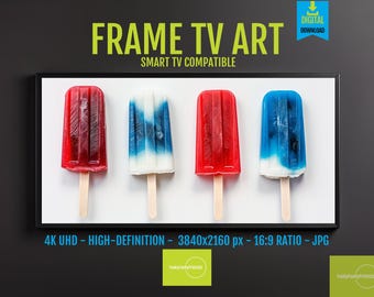4K TV Summer Screen, Red White Blue Display, Ice Cream Popsicle Scene, July Holiday, Festive Background, Independence Day Vibe, 32