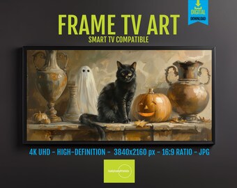 Ghost FRAME TV | Black Cat & Pumpkin Digital Print | Spooky Halloween Decor for Samsung Frame | Autumn Fall Home Decor