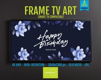 Personalized Happy Birthday Frame TV Art | Blue and Purple Floral Samsung TV Decor | 4K HD Digital Download Party Decoration, 231