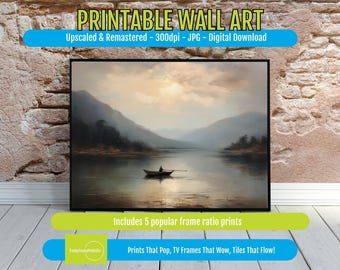 Moody Lake Landscape Printable – Misty Mountain & Rowboat Wall Art | Rustic Nature Decor | Instant Digital Download