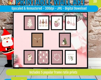 Pink Christmas Wall Art Set, Scandinavian Holiday Prints with Gnomes, Reindeer, and Snowman, Festive Minimalist Home Decor