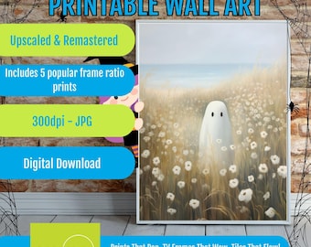 Floral Ghost Wall Art Printable, Whimsical Coastal Halloween Decor, Pastel Botanical Spirit Poster, Beachy Cottagecore Digital Download