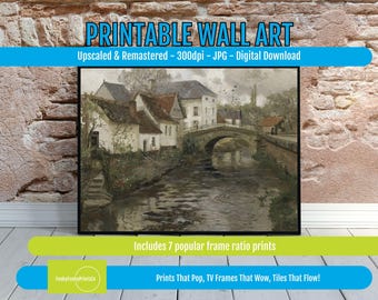 Vintage Canal Art Print Moody PRINTABLE Wall Decor, Digital Download, Canal Scene Art for Living Room, Vintage Home Decor