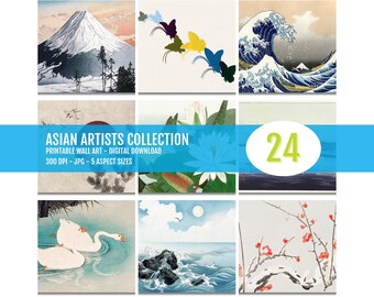 Asian Wall Art PRINTABLE Set Vintage Japanese Art Digital Prints Upscaled Remastered Instant Download Nature Decor 5 Size, Set of 24