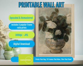 Vintage Flower Art Print – Moody Oil Painting Digital Download, Printable Botanical Floral Wall Decor, Vintage Home Art Print