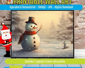 Charming Snowman Oil Painting Christmas Wall Art Printable, Cozy Winter Holiday Decor, Vintage Style Festive Home Poster Gift Download
