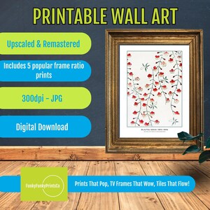 Bijutsu Sekai Print, Vintage Japanese Floral Wall Art, 1893 Woodblock Botanical Poster, Red Blossom Printable, Watanabe Seitei Decor