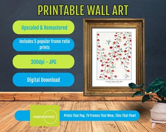 Bijutsu Sekai Print, Vintage Japanese Floral Wall Art, 1893 Woodblock Botanical Poster, Red Blossom Printable, Watanabe Seitei Decor