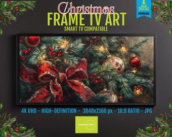 Christmas Tree Ornament Art for Samsung Frame TV - 4K HD Holiday Screensaver - Festive Red & Gold Bow Scene - Digital Download