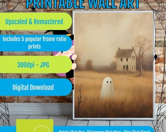 Vintage Halloween Ghost Printable Wall Art, Spooky Victorian Night Poster, Antique Haunted House Illustration, Gothic Fall Decor Download