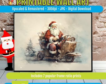 Santa on Scooter Printable, Modern Christmas Art (Instant Download)