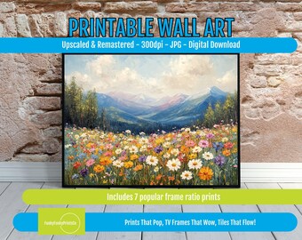 Wildflower Meadow Art Print, Vibrant Landscape Wall Decor with Hills, Mountains & Colorful Flowers, Serene Impressionistic Nature