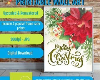 Merry Christmas Watercolor Printable Wall Art, Vintage Holiday Typography Poster, Cozy Winter Mantel Decor, Festive Home Gallery Download