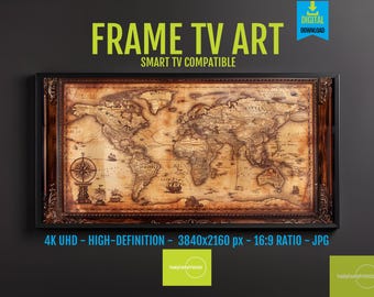 Samsung Frame TV Art Vintage World Map 4K, Antique Nautical Map Print, Historic Old World Wall Decor, Digital Download Poster