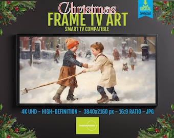 Christmas TV Frame Art - Vintage Children Playing in Snow Scene
