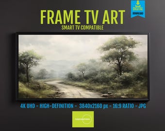 Nature Wall Art Serene Winding Road Landscape, Lush Greenery, Misty Background, Digital Download for Samsung Frame TV Decor
