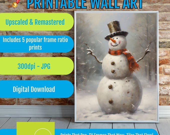 Featured listing image: Snowman Wall Art Printable, Festive Winter Holiday Painting, Vintage Christmas Decor Poster, Cozy Cottage Mantel Artwork, Instant Download