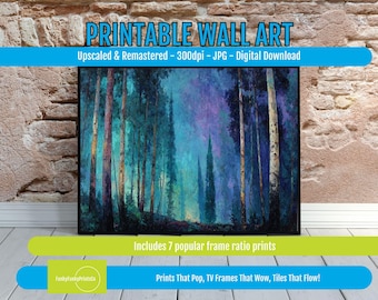 Birch Tree Forest Digital Art, Misty Woodland Landscape Printable, Calming Nature Scene, Tranquil Blue Green Wall Decor for Cozy Home