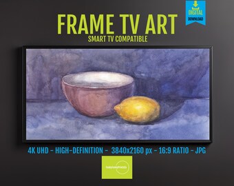 Rustic Lemon and Bowl Samsung FRAME TV Art | Moody Watercolor Still Life Digital Download | Minimalist Fruit Painting for Kitchen Decor 1002