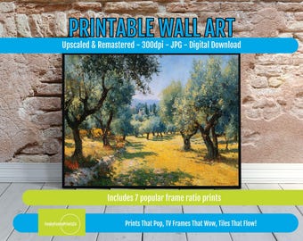 Olive Grove Landscape Digital Art, Colorful Nature Scene with Wildflowers, Mediterranean Field Printable, Serene Summer Country Home Decor