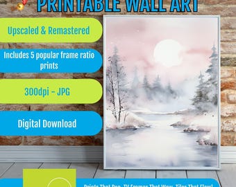 Winter Landscape Watercolor Art: Cozy Nature Scene Printable