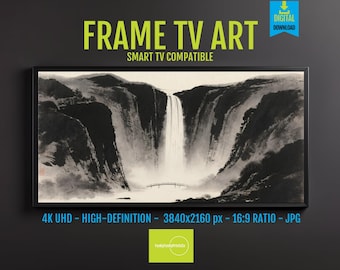 Nature Landscape Waterfall Art in Ink Wash: 4K UHD Digital Download for Samsung Frame TV, Serene Black Gray Scenery