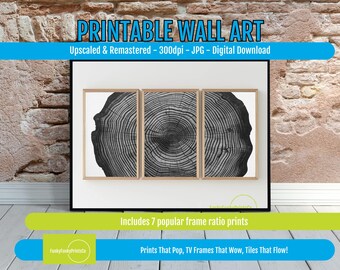 Tree Ring Wall Art Set of 3, Black and White PRINTABLE Modern Nature Decor, Minimalist Monochrome Art Digital Download for Home or Office