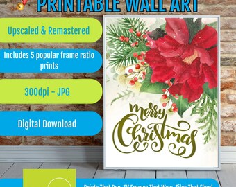 Watercolor Merry Christmas Printable - Festive Holiday Wall Art - Poinsettia and Greenery Decor - Christmas Downloadable Gift