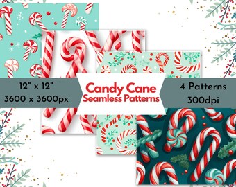 Seamless Christmas Tiles - Set of 4 Candy Cane Pattern - Printable Digital Papers for Festive Crafts and DIY Decor - Holiday Gift