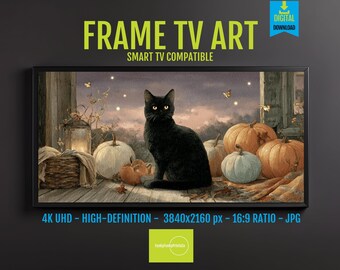 Black Cat Autumn Porch Art - Cozy Fall Scene for Samsung TV
