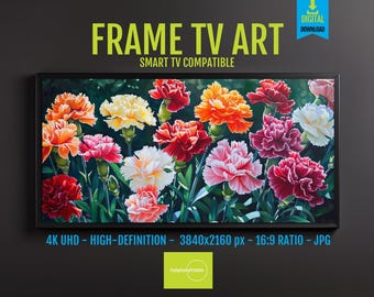 Samsung FRAME TV Colorful Carnations Art, 4K Botanical Digital Download, Vibrant Garden Floral Decor, January Birthflower