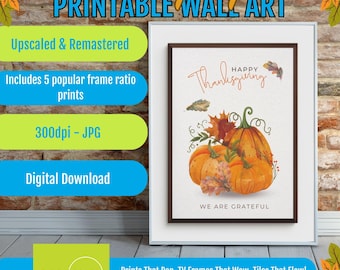 Happy Thanksgiving PRINTABLE Wall Art - Festive Autumn Pumpkin Print - Grateful Harvest Decor - Fall Seasonal Downloadable Home Decor