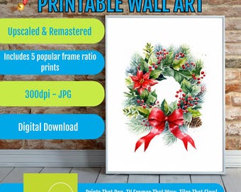 Christmas Wreath Art Printable, Digital Download Holiday Decor, Festive Seasonal Wall Art for Christmas Home Decor