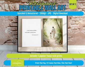 Christian Wall Decor Jesus Walking with Child Art Print Set of 2 | Inspirational Faith, Spiritual Religious Home Gift