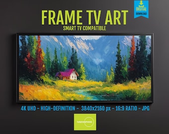 Landscape Painting Autumn River Cottage – Peaceful Art with Lush Greenery UHD for Samsung Frame TV, Vibrant Nature Digital Download