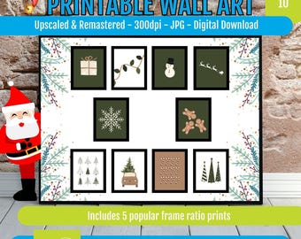 Holiday Wall Art Set, Green Christmas Prints, Snowflakes & Trees (Digital Download)