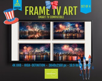 Patriotic Fireworks Art Set for Samsung Frame TV, 4 Pack USA Flag Wall Decor, Red White Blue 4th of July & Independence Day Decor, 5992