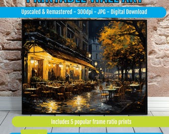 Parisian Café Printable Download – Cozy Autumn Evening Art Print, Charming Outdoor Scene with Autumn Leaves, Instant Digital Decor