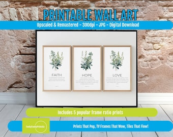 Faith Hope Love Wall Art Set – Minimalist Botanical Scripture Prints, Modern Christian Decor, Inspirational Digital Download Artwork