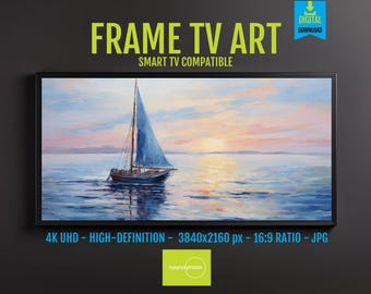 Sailboat Art Sunrise Seascape 4K | Tranquil Seascape Painting, Instant Digital Download for Samsung Frame TV & Screensaver Decor