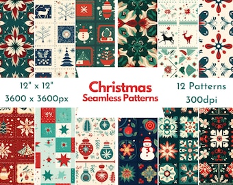 Premium Digital Christmas Tile Prints - Set of 12 Festive Holiday Design Papers | Instant Download for Seasonal Home Decor, DIY Crafts