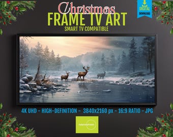 Deer in Snowy Winter Samsung Frame TV Art: Christmas Landscape