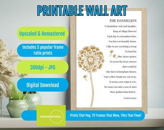 Dandelion Wall Art Print Literary Decor Featuring Vachel Lindsay Poetry, Golden Nature Inspired PRINTABLE for Elegant Home Office
